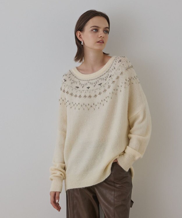 GRACE CONTINENTAL フェアアイル刺繍ニットトップ キナリ