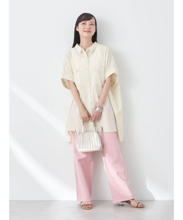 earth music&ecology 配色ステッチＢＩＧシャツ Ivory