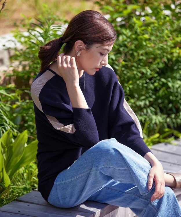 Tiaclasse 【洗える】配色ドルマンニットチュニック ネイビー×グレージュ