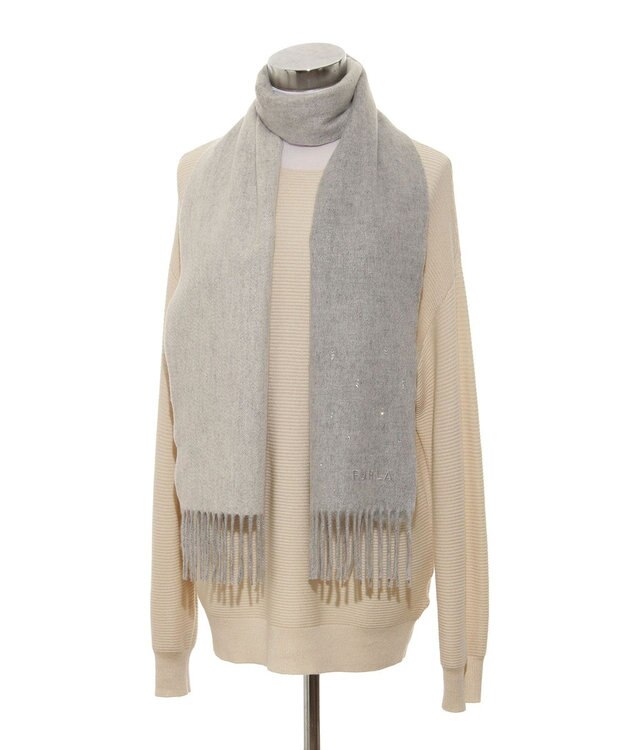 MOONBAT 【洗える】FURLA カシミヤ混ラメ入りラインストーンストールマフラー／幅30cm グレー