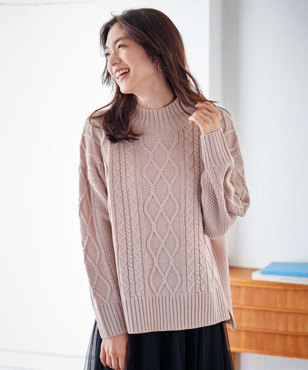 ANY 【6色展開】ソフトアクリルハイネックケーブルニット ピンク