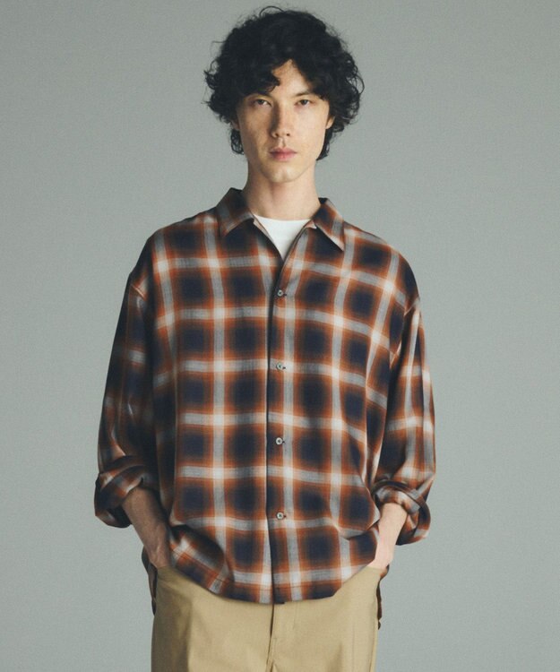 UNFILO MENS 【男女兼用】エアリーシアー オンブレシャツ ブラウンチェック