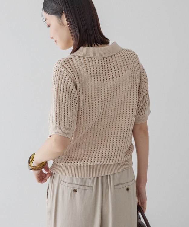 AMERICAN HOLIC 衿付きメッシュ編み半袖ニットプルオーバー Light Beige