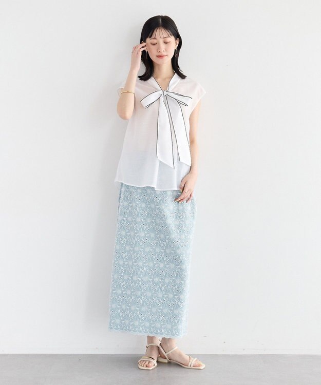 YECCA VECCA フラワーレースロングナロースカート Light Blue