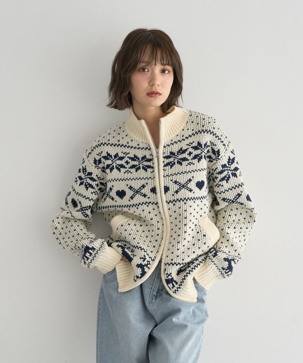 earth music&ecology ダブルzipノルディックカウチンニットカーディガン アイボリー