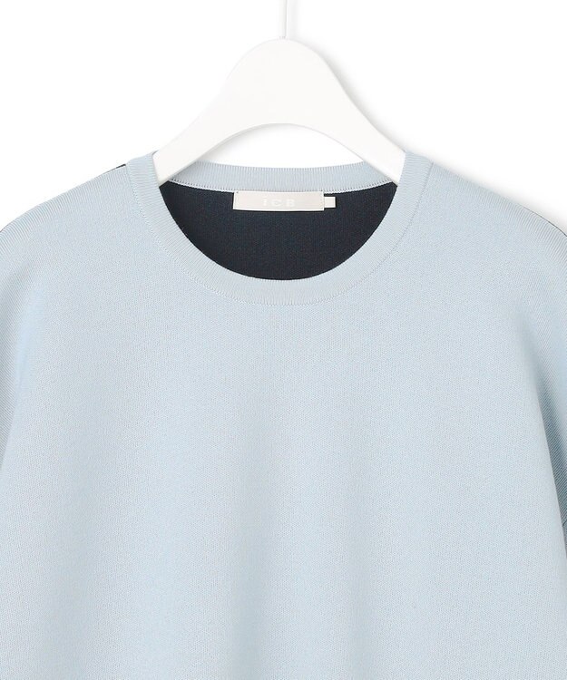 ICB 【WEB限定カラーあり・洗える】コットンポリエステルスムース  ニットプルオーバー サックスブルー×ネイビー系［前後配色］