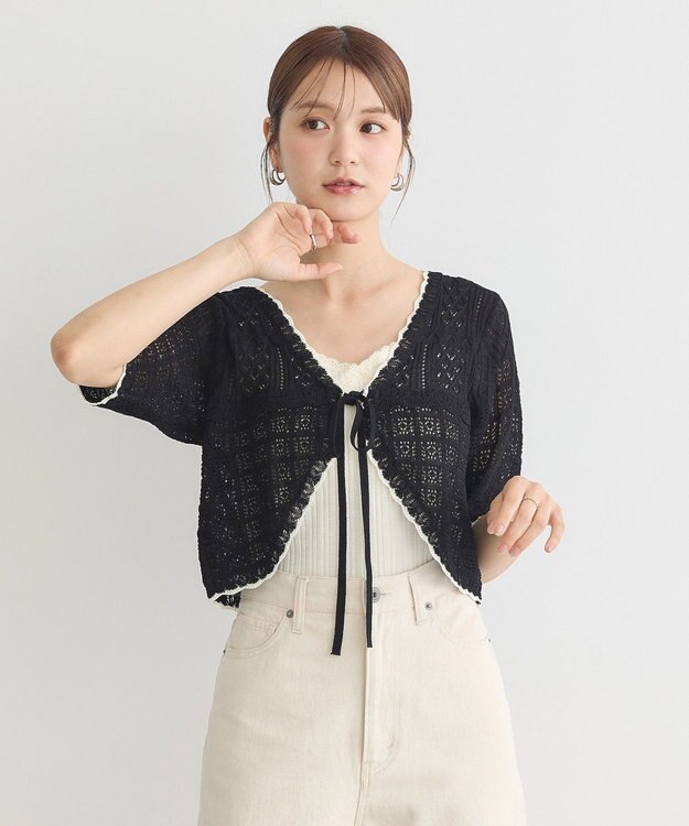 earth music&ecology ミニスカラップ透かし編みニットカーディガン Black