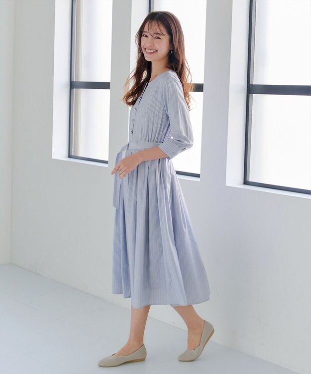 Tiaclasse 【洗える】ベルト付きストライプワンピース サックス