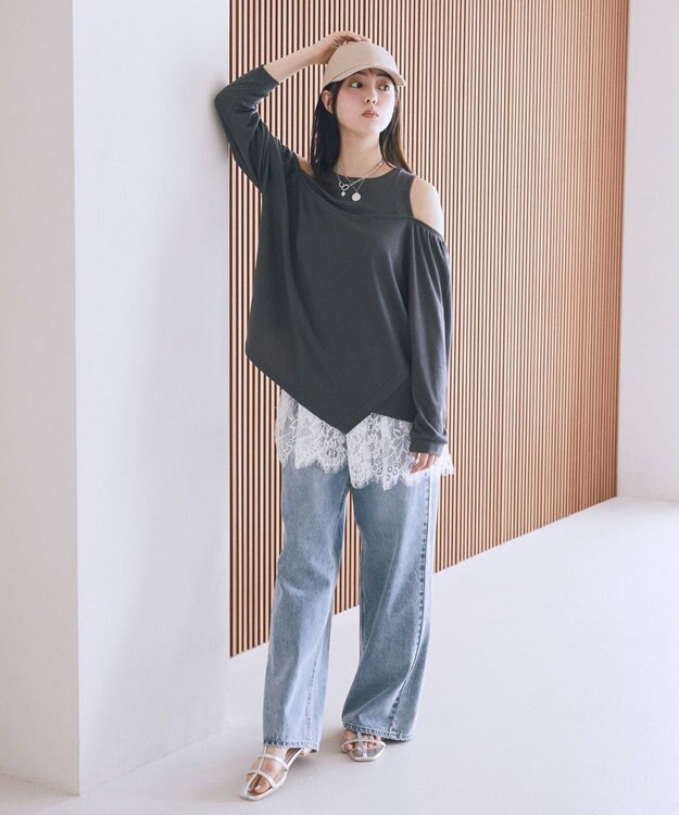 earth music&ecology マルチウェイショルダースリットトップス Charcoal Gray