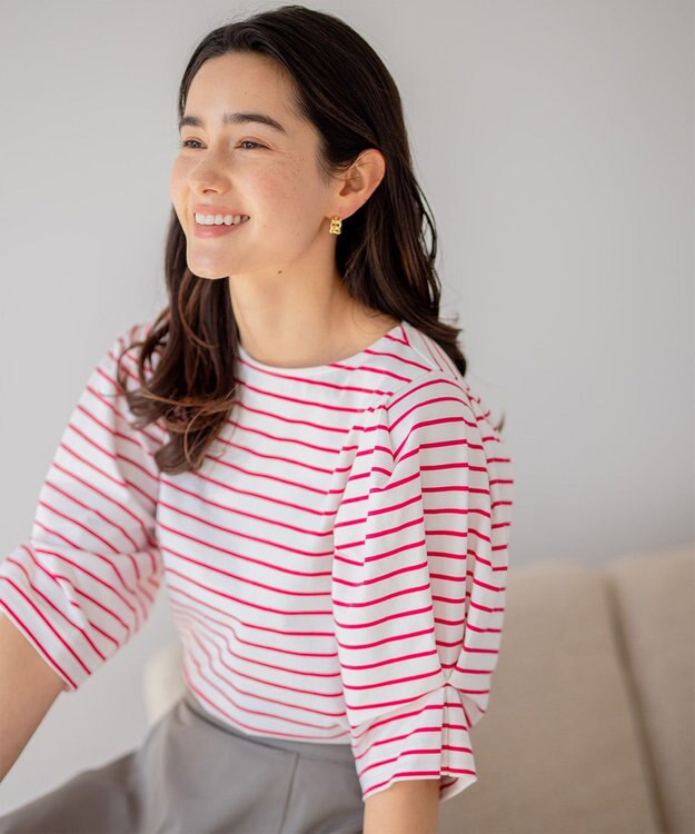 組曲 L 【洗える】プレーティング天竺タックスリーブボーダー カットソー オールドローズ系1