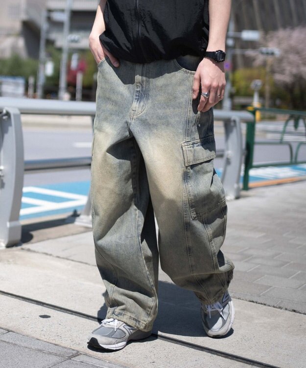 WEGO 【SMLサイズ展開/ウエスト紐】イージー3Dバレルレッグデニムカーゴパンツ デニム淡加工色