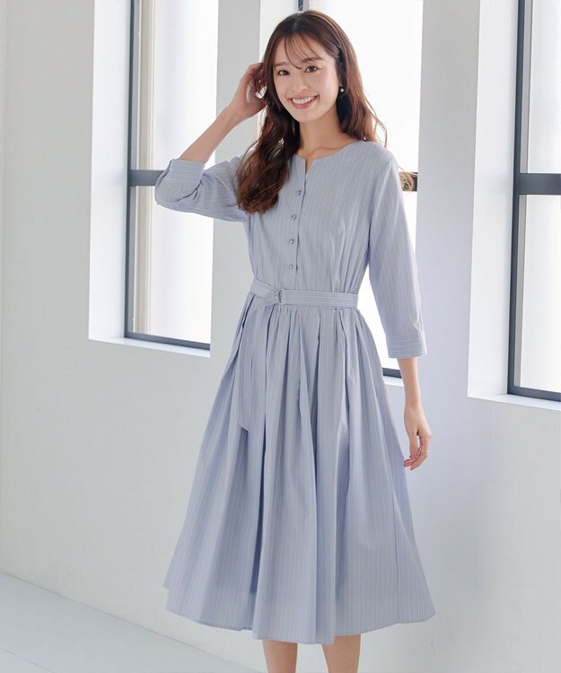 Tiaclasse 【洗える】ベルト付きストライプワンピース サックス