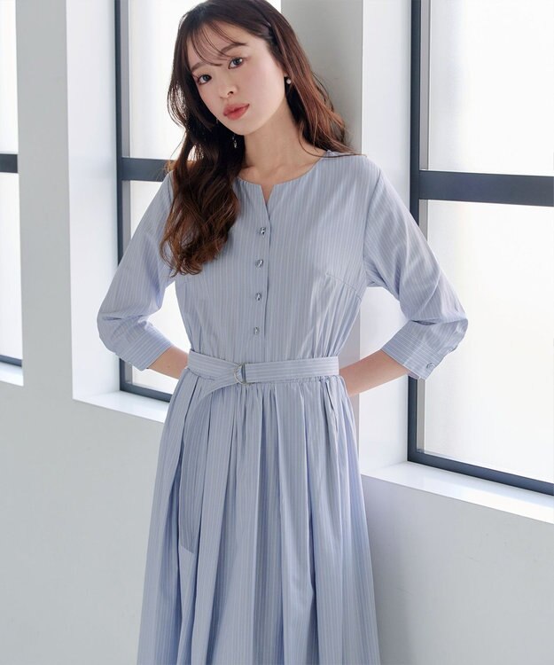 Tiaclasse L 【洗える】ベルト付きストライプワンピース サックス