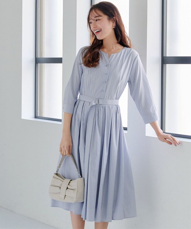 Tiaclasse 【洗える】ベルト付きストライプワンピース サックス
