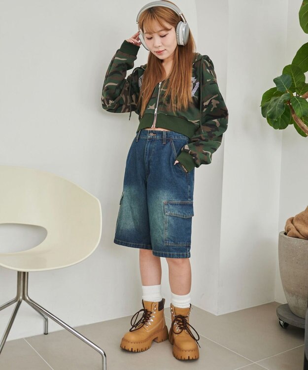 WEGO ヴィンテージウォッシュカーゴハーフパンツ デニム中濃色