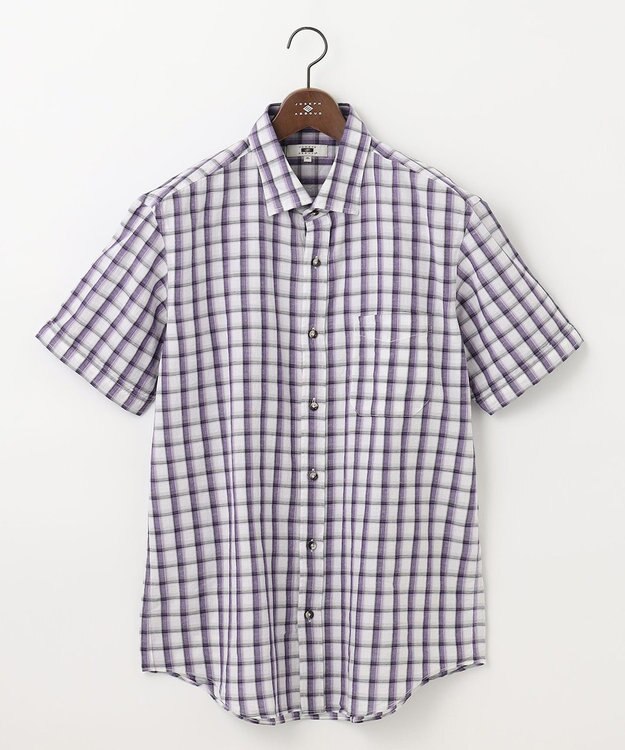 JOSEPH ABBOUD 【キングサイズ・サスティナブル】リヨセルリネンチェック 半袖シャツ パープル系3