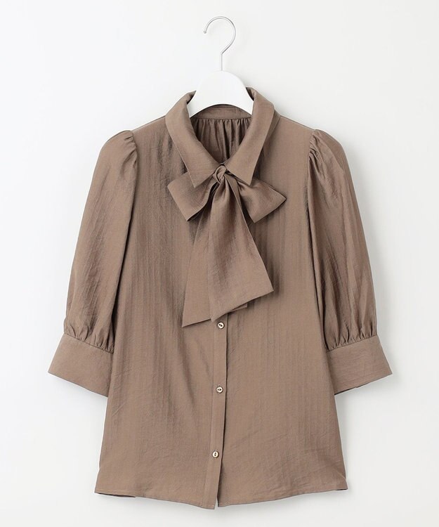 Feroux 【洗える】リボンタイパフスリーブ ブラウス ダークブラウン系