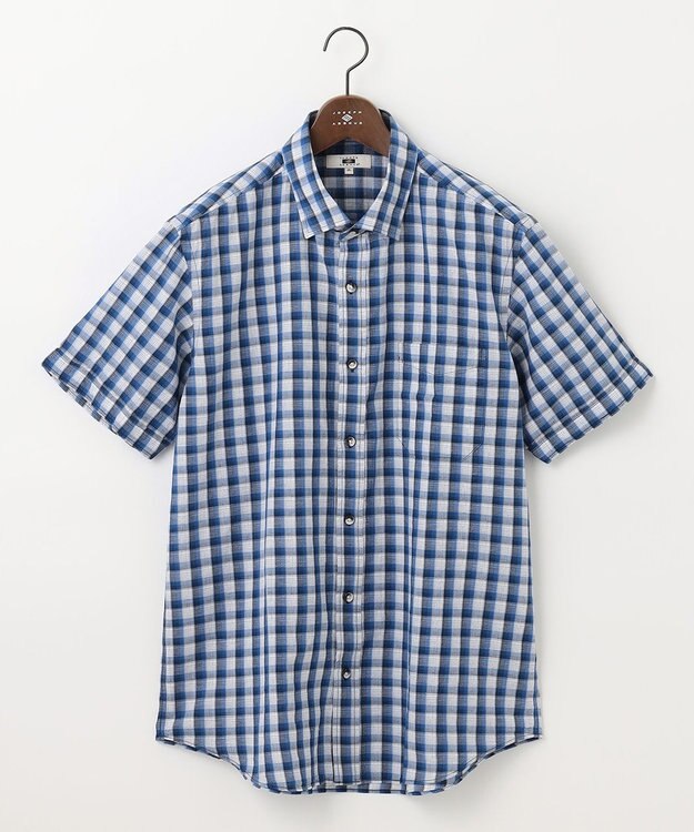 JOSEPH ABBOUD 【キングサイズ・サスティナブル】リヨセルリネンチェック 半袖シャツ ブルー系3
