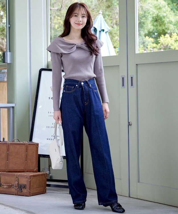 Tiaclasse リボン衿リブニットトップス ラベンダー