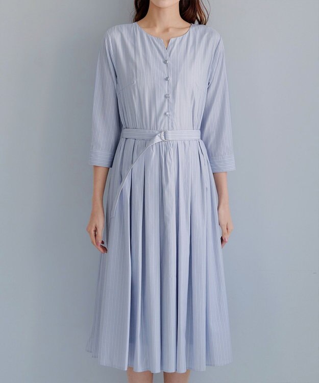 Tiaclasse L 【洗える】ベルト付きストライプワンピース サックス
