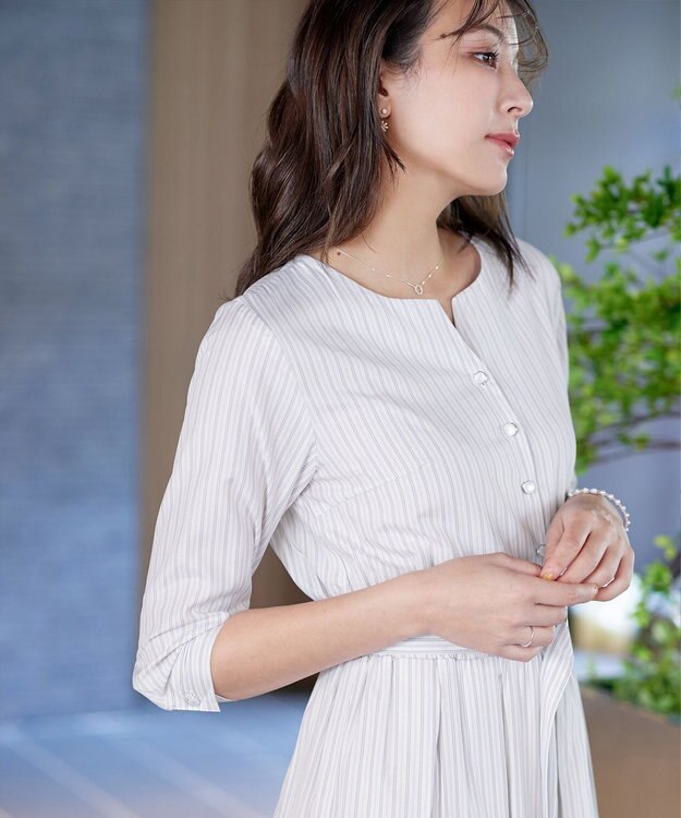 Tiaclasse 【洗える】ベルト付きストライプワンピース オフホワイト