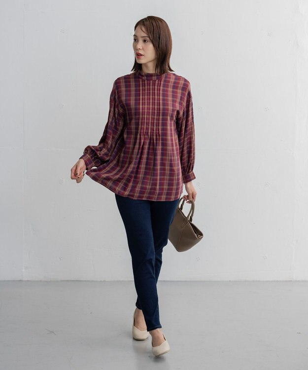 ANY 【洗える】ピンタックチェックブラウス レッド系5