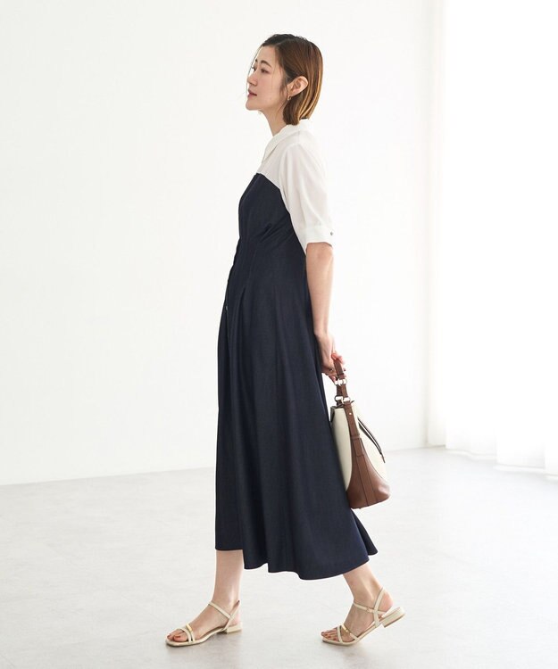 YECCA VECCA ハーフスリーブベアドッキングワンピース Navy