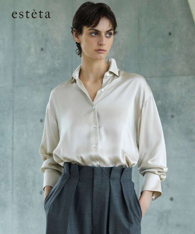 23区 L 【エステータ】シルクサテン シャツ アイボリー系