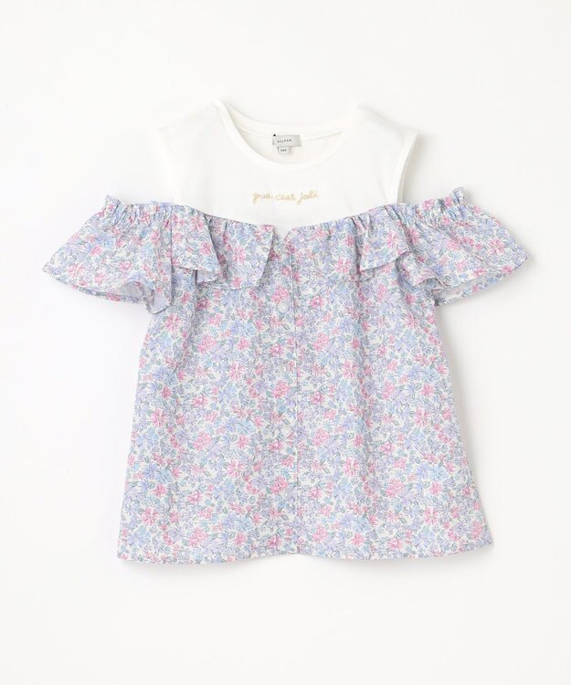 ANY KIDS オフショルダー フリル ブラウス サックスブルー系花柄