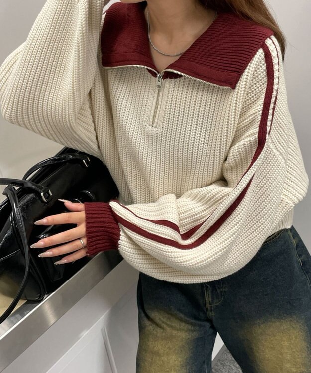 WEGO ハーフジップニットプルオーバー ワイン