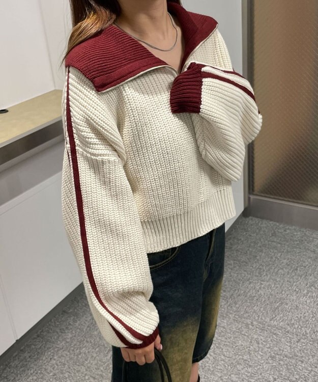 WEGO ハーフジップニットプルオーバー ワイン