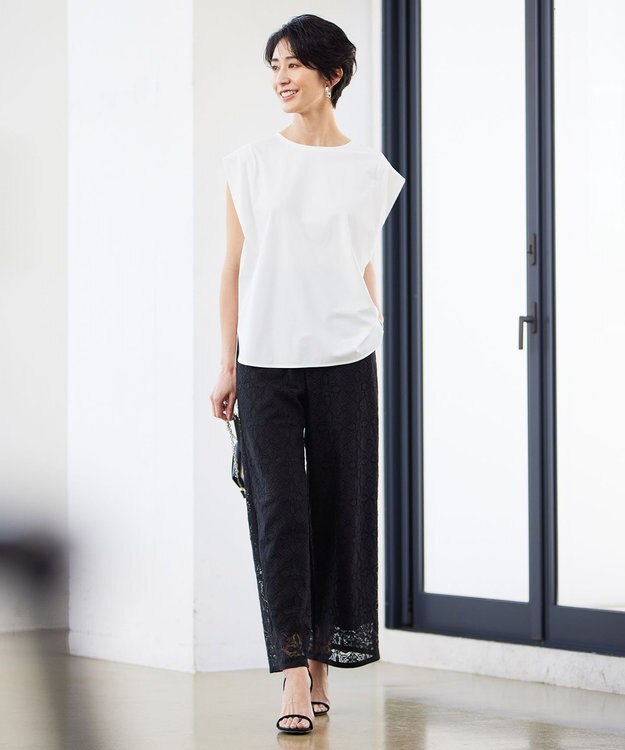 ICB L 【洗える】タイルパターンレース ワイドストレートパンツ ブラック系