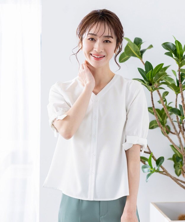 Tiaclasse L 【洗える】麻調リボン袖ブラウス オフホワイト