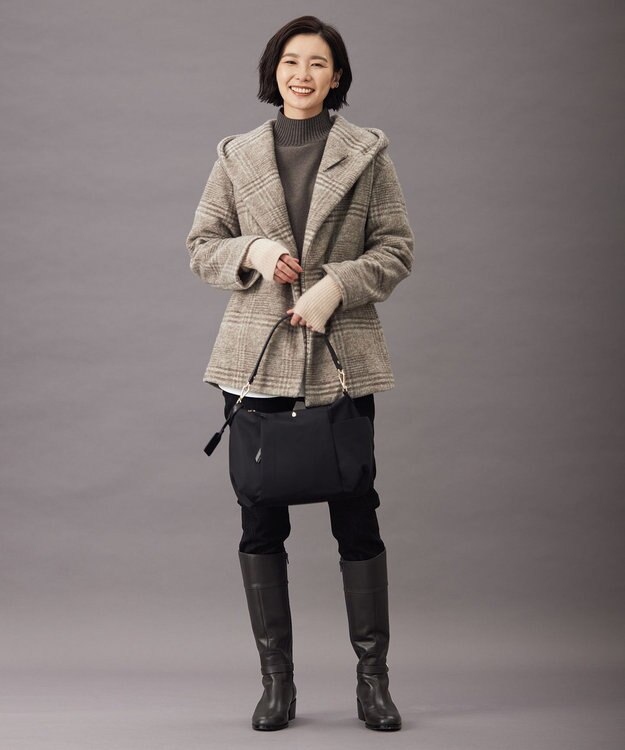 J.PRESS LADIES 【キルトピン付き】ECOLANAスライバーチェック フーデットアウター ブラウン系3