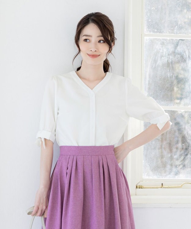 Tiaclasse L 【洗える】麻調リボン袖ブラウス オフホワイト