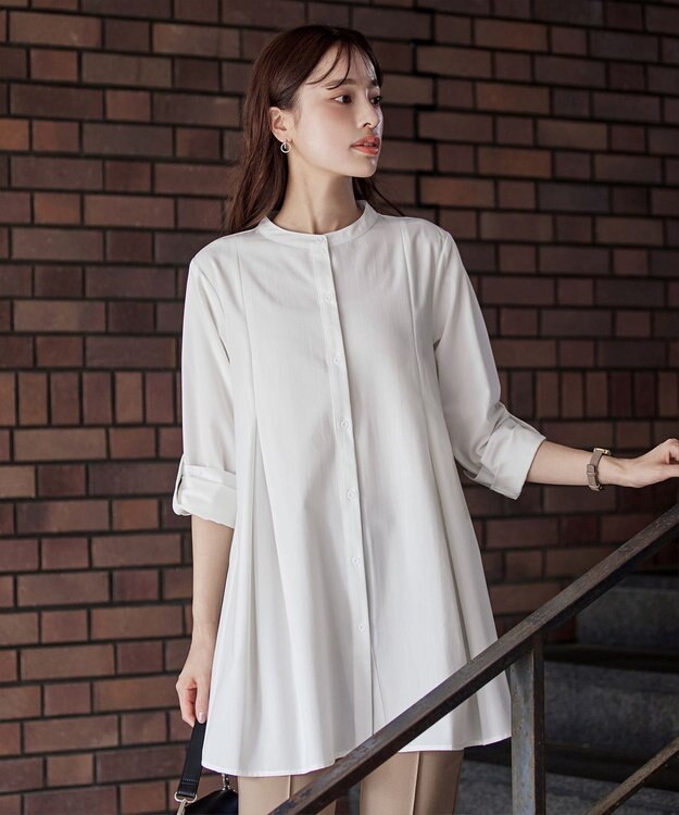 Tiaclasse 【洗える】-TiaBASIC-バンドカラーシャツチュニックブラウス オフホワイト