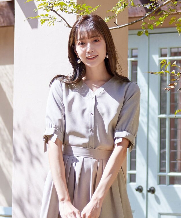 Tiaclasse L 【洗える】麻調リボン袖ブラウス グレージュ