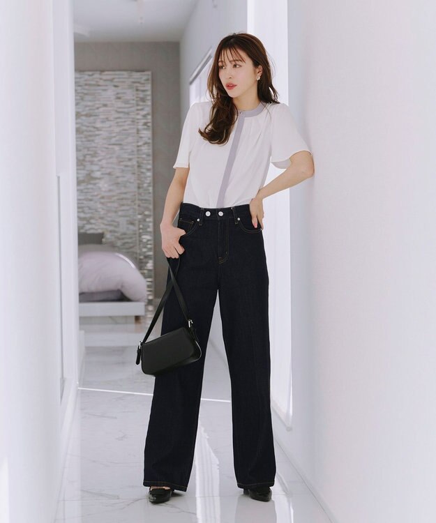 Tiaclasse L 【新色追加・洗える】フロントタック配色ブラウス オフ×グレー