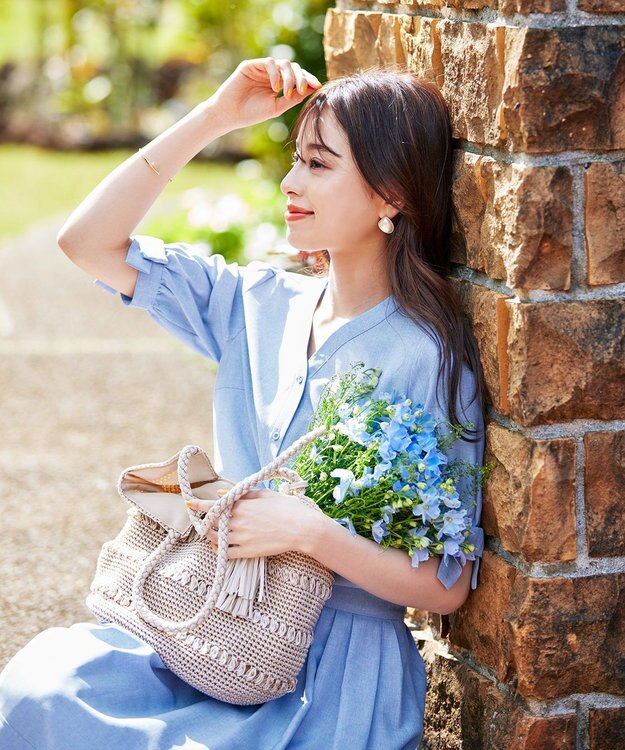 Tiaclasse L 【洗える】麻調リボン袖ブラウス サックス