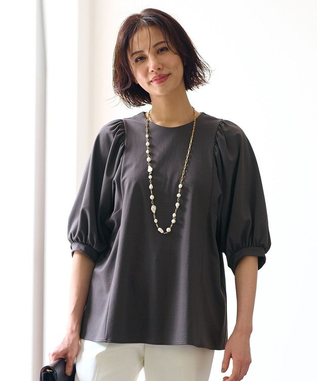 自由区 【洗える・XSサイズあり】ハイツイストポンチボリューム袖 カットソー グレー系