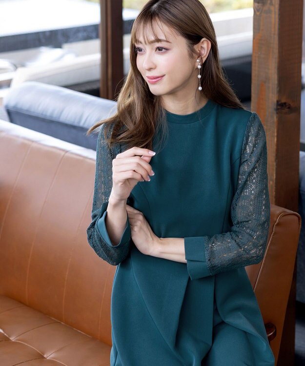 Tiaclasse L 【洗える】レーススリーブワンピース ターコイズ