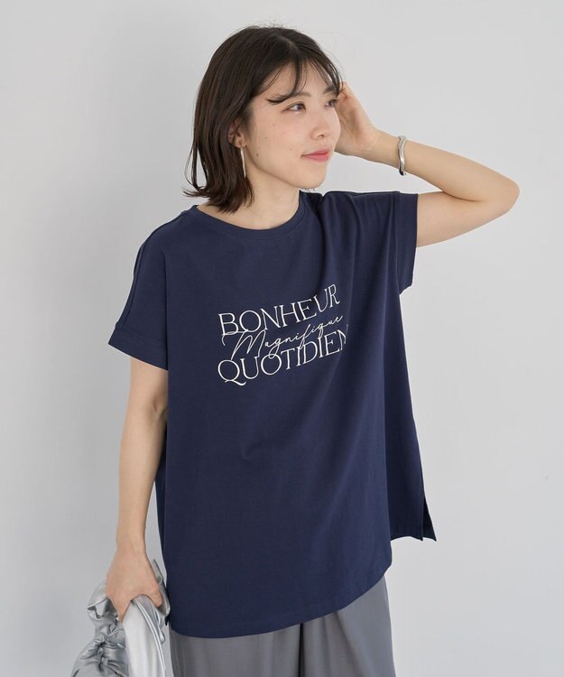 Green Parks フレンチスリーブ筆記体ロゴチュニック Navy