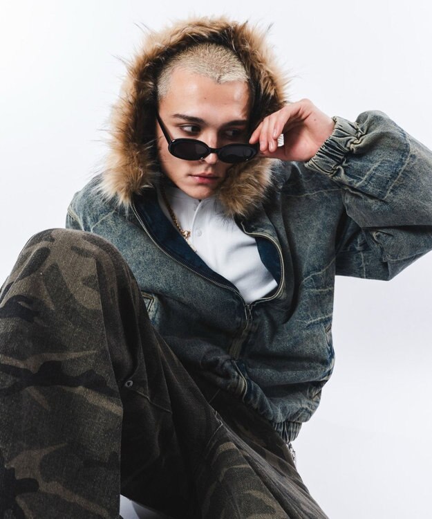 WEGO 【ユニセックス着用ITEM】ファーフードスラッシュデニムブルゾン デニム淡加工色