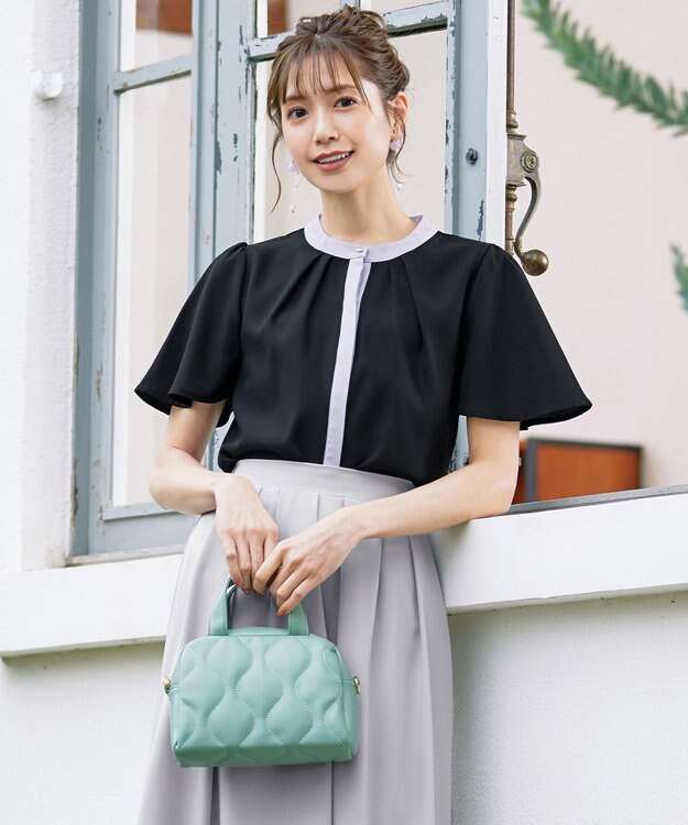 Tiaclasse L 【新色追加・洗える】フロントタック配色ブラウス ブラック×グレー