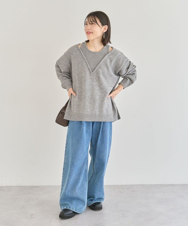 Green Parks フェイクレイヤードＶネックニットプルオーバー Gray Mixture