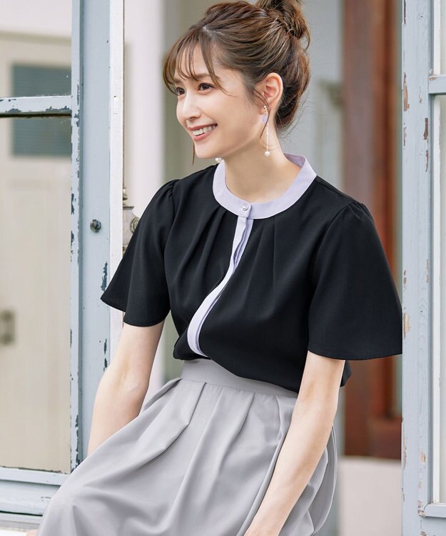 Tiaclasse L 【新色追加・洗える】フロントタック配色ブラウス ブラック×グレー