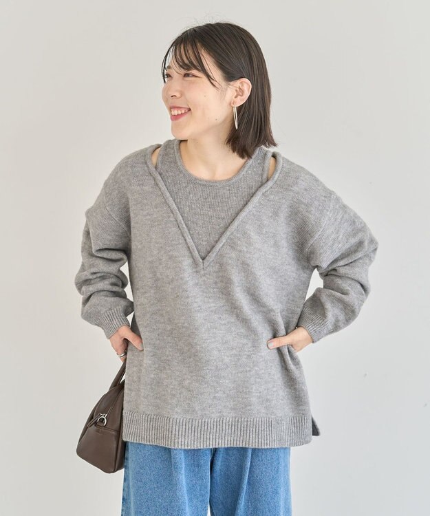 Green Parks フェイクレイヤードＶネックニットプルオーバー Gray Mixture