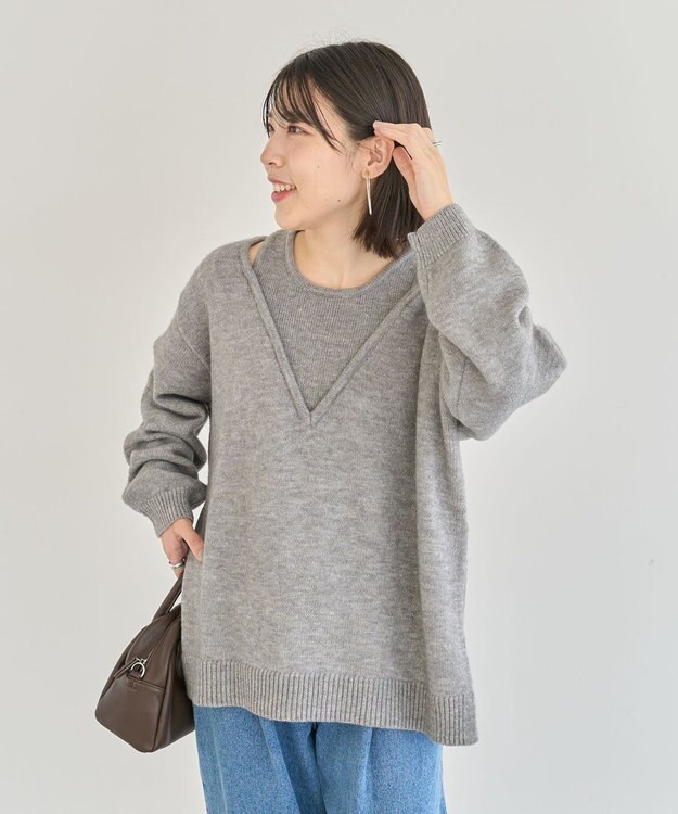 Green Parks フェイクレイヤードＶネックニットプルオーバー Gray Mixture