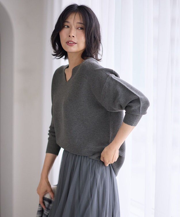 ANY 【洗濯機可】Ｖネックラメガーターニット グレー