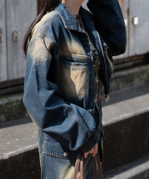 WEGO ヴィンテージウォッシュバイカージャケット デニム濃加工色